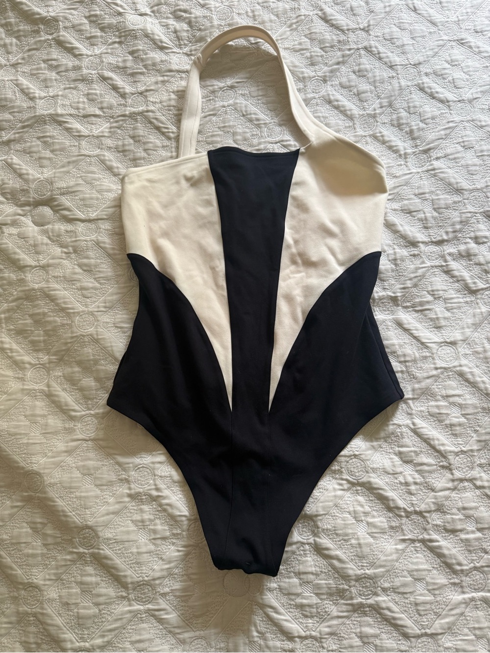 Bandier Black & Cream Colorblock One-Piece Bodysuit